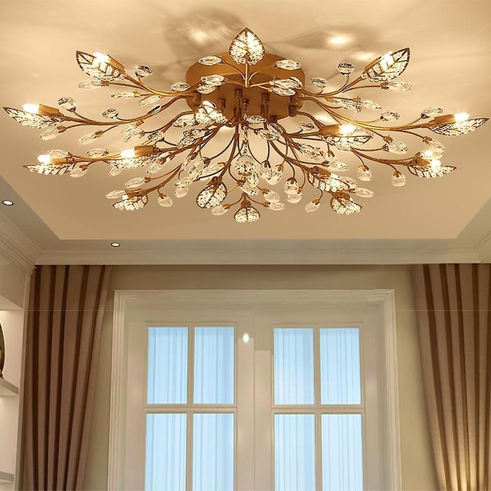 Crystal Leaves Brushed Flush Mount Ceiling Chandelier - Lamp Outdoor