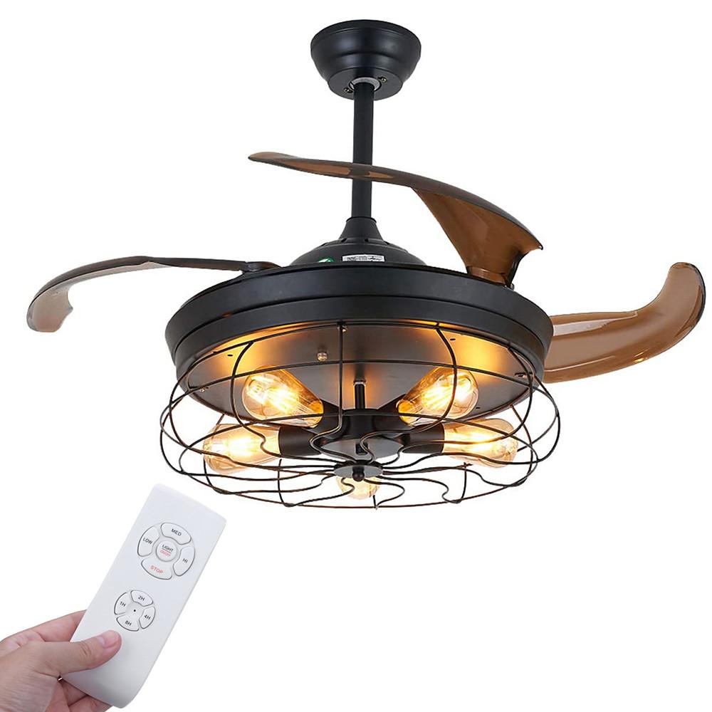 3 Bladed Farmhouse Retractable Ceiling Fan with Light - Lamp Outdoor
