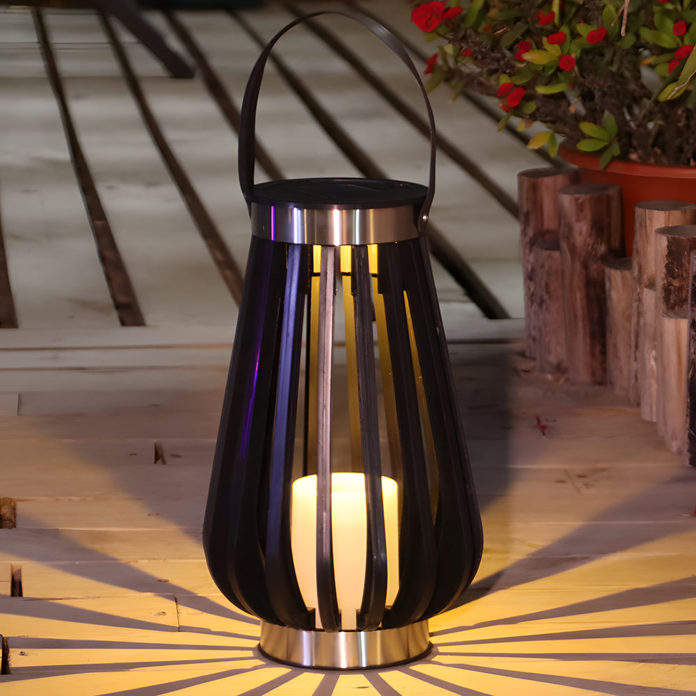 Illuminated decorative lantern on wooden deck creating warm ambient lighting and shadow patterns