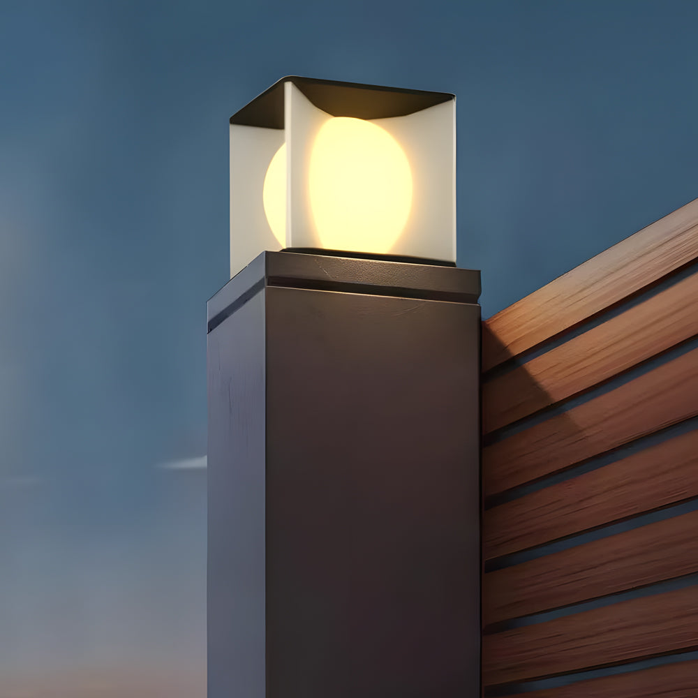 Wooden deck installation featuring bright solar post light with contemporary styling