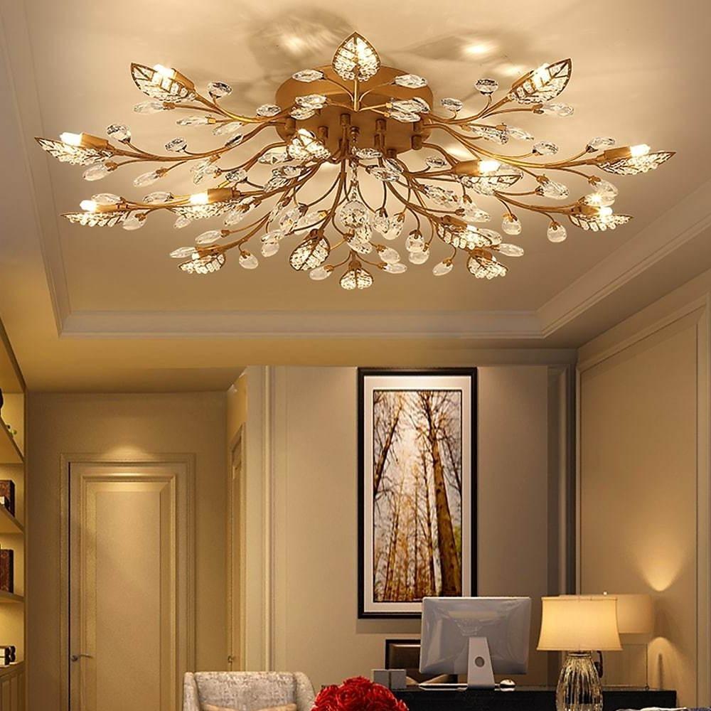 Crystal Leaves Brushed Flush Mount Ceiling Chandelier - Lamp Outdoor